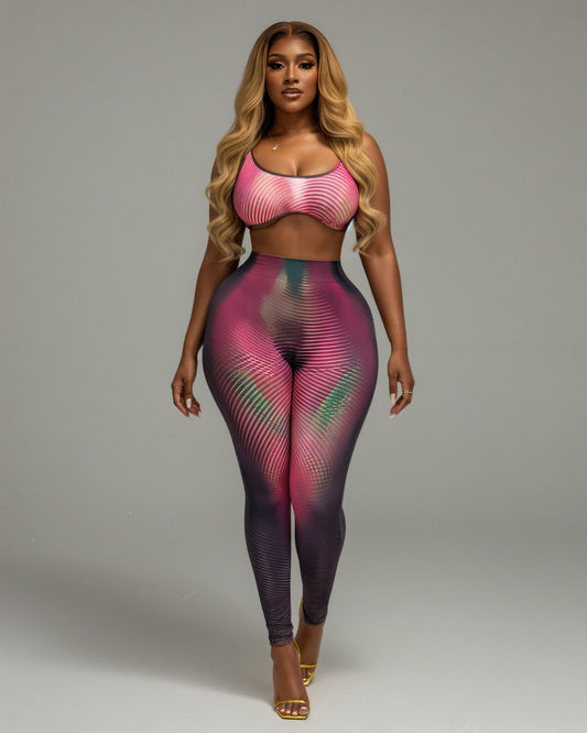 ELAINE Abstract Striped Crop Top & Leggings Set