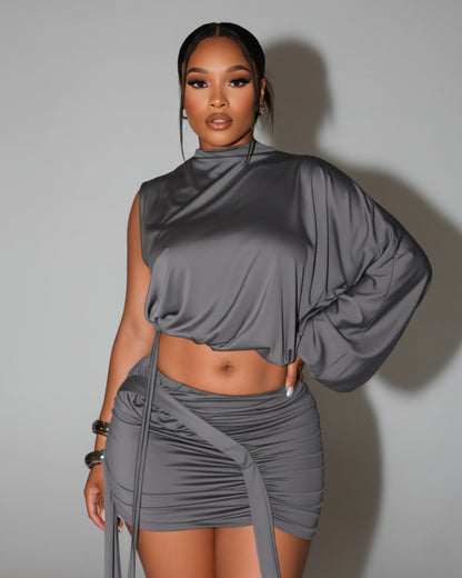 FINNA One-Sleeve Turtleneck Top & Ruched Skirt Set