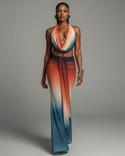 CHANEL Gradient Print Cowl Top and Maxi Skirt Set