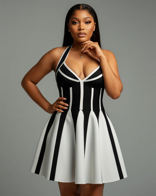 AMARIL Deep V-neck Flare Mini Dress