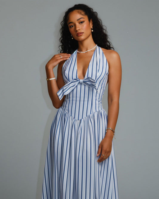 FENICIA Striped Halter Midi Dress